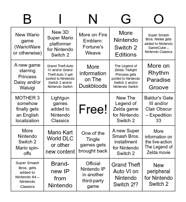Nintendo Direct Bingo Card