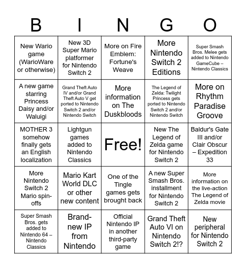 Nintendo Direct Bingo Card