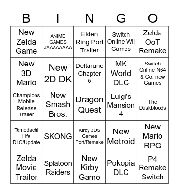 Nintendo Direct Bingo Card
