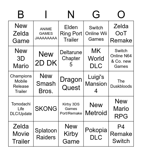Nintendo Direct Bingo Card