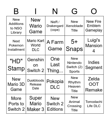 Nintendo Direct 06.09.26 Bingo Card