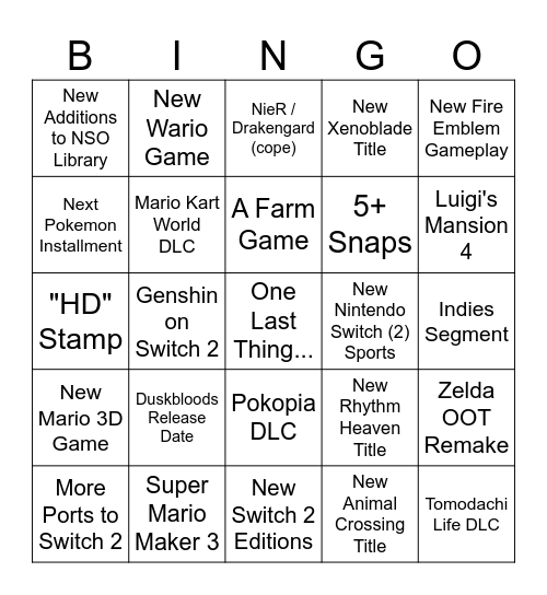 Nintendo Direct 06.09.26 Bingo Card