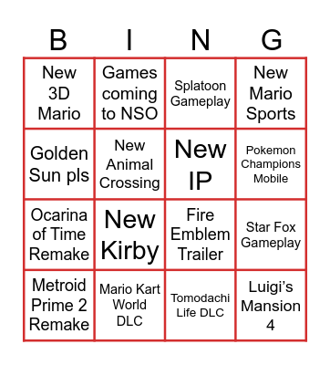 Nintendo Direct Bingo Card