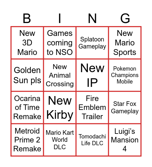 Nintendo Direct Bingo Card