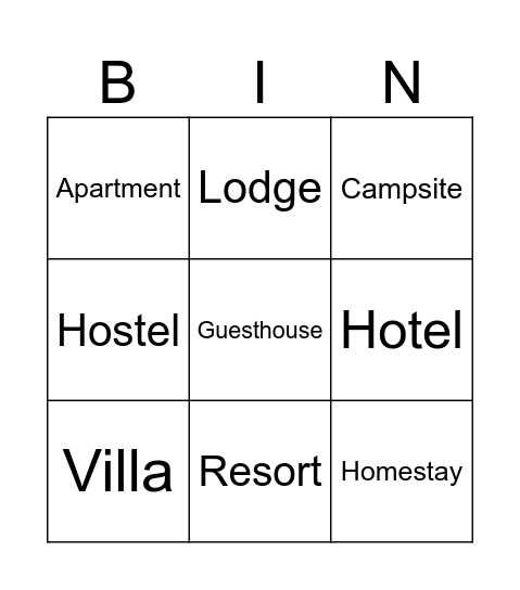 Places to stay on holiday Bingo Card