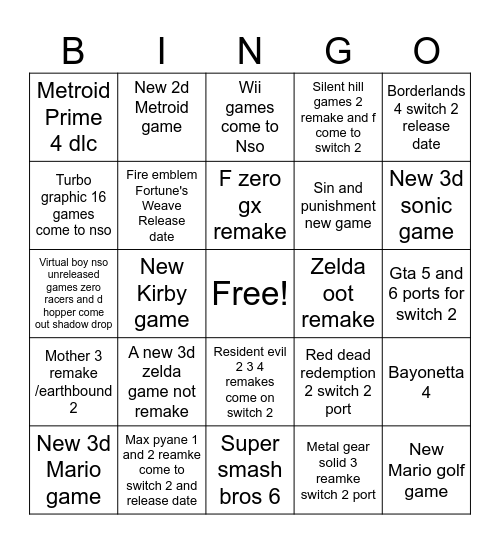 Nintendo 2026 Bingo Card