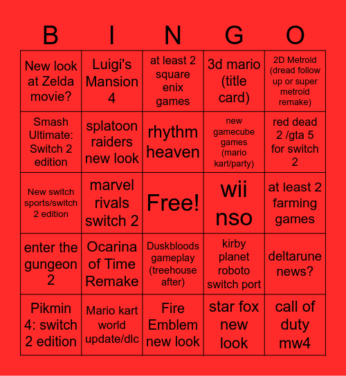 Jun 2026 Nintendo Direct Bingo Card