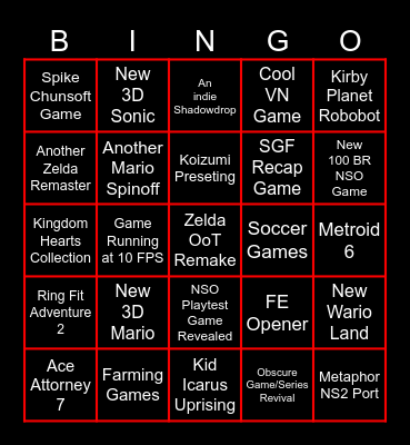 Nintendo Direct 9/6/2026 Bingo Card