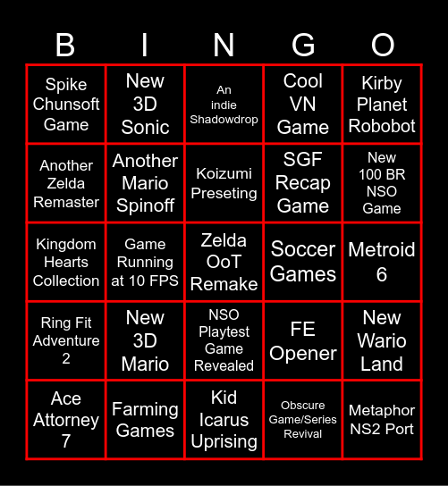 Nintendo Direct 9/6/2026 Bingo Card