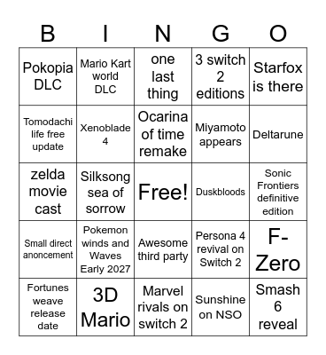 nintendo Bingo Card