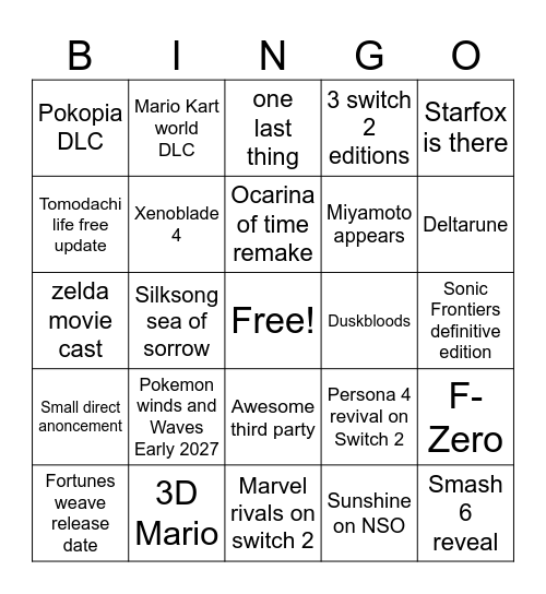 nintendo Bingo Card