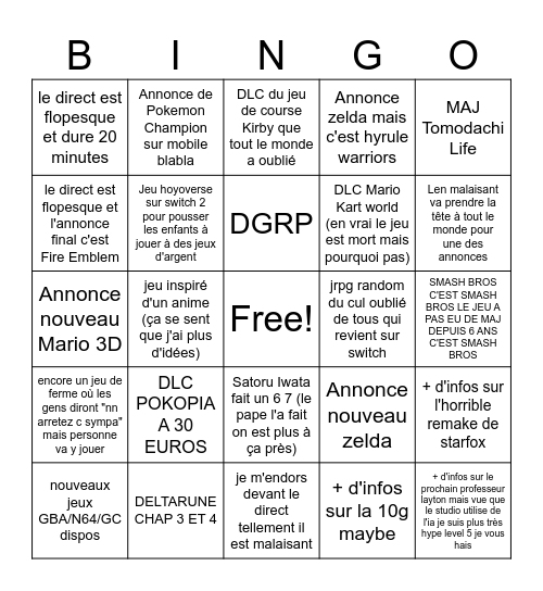 NINTENDO DIRECT Bingo Card