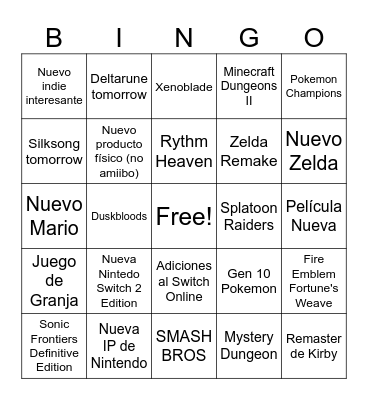 Nintendo Direct Bingo Card