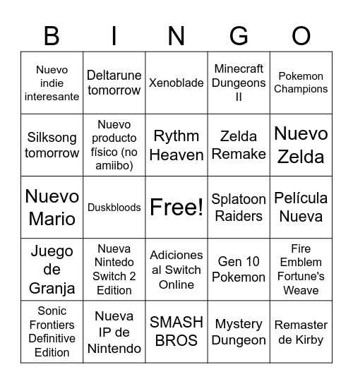 Nintendo Direct Bingo Card