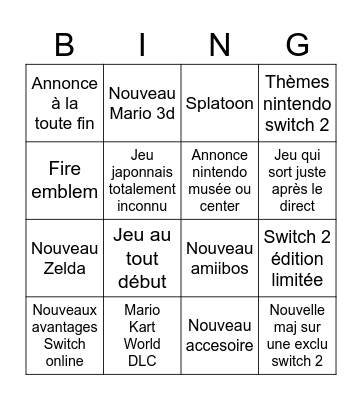 Nintendo Direct Juin 2026 Bingo Card