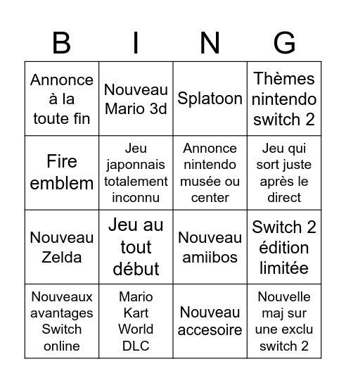 Nintendo Direct Juin 2026 Bingo Card