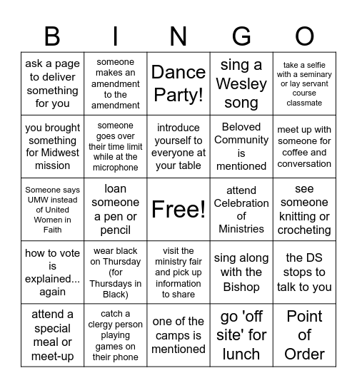 Iowa Annual Conference Bingo Card