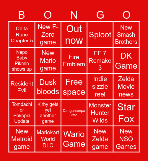 The big summer 2026 Nintendo Direct Bingo Bongo Bingo Card