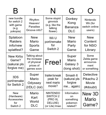 Nintendo Direct 10.06.26 Bingo Card