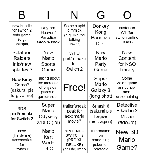 Nintendo Direct 10.06.26 Bingo Card