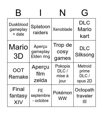 Nintendo direct juin 2026 Bingo Card