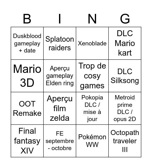 Nintendo direct juin 2026 Bingo Card