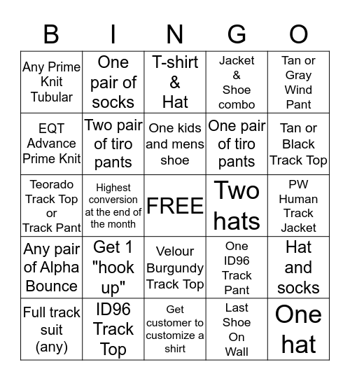 Adidas Bingo Card