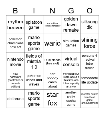 Nintendo Direct Bingo Card