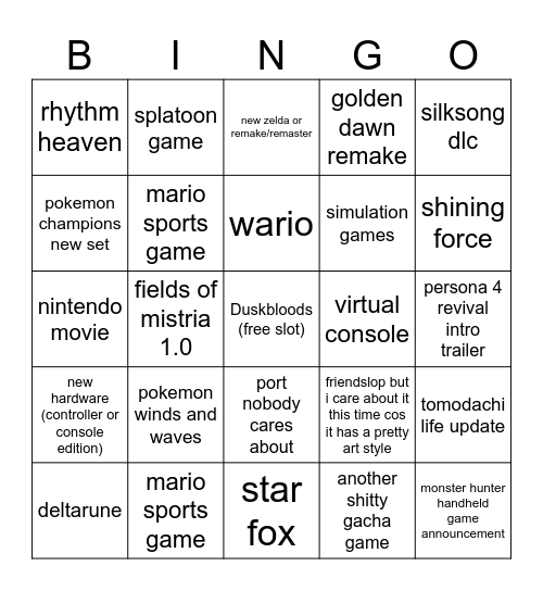Nintendo Direct Bingo Card