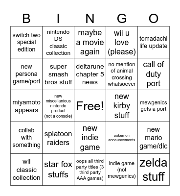 june 6th 26 nintendo direct Bingo Card