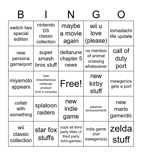 june 6th 26 nintendo direct Bingo Card