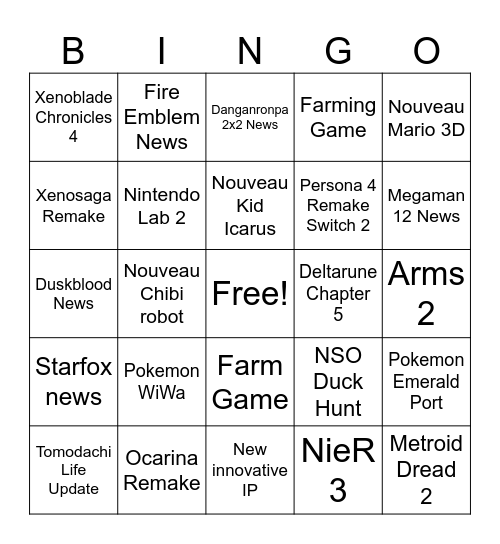 Nintendo Direct Bingo Card
