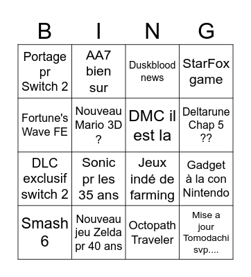 Nintendo Direct Bingo Card