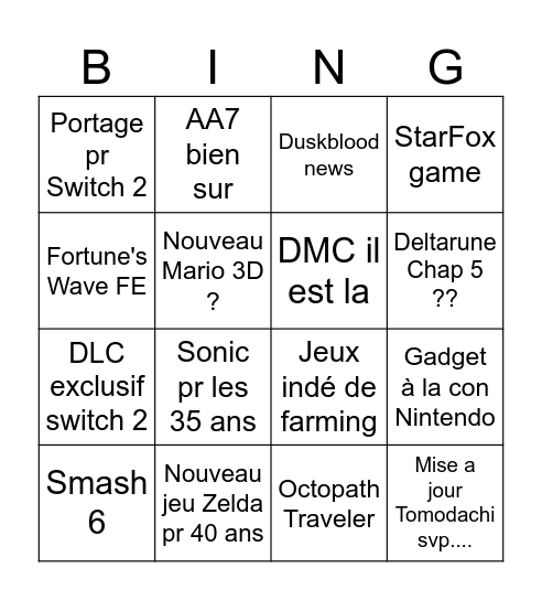 Nintendo Direct Bingo Card