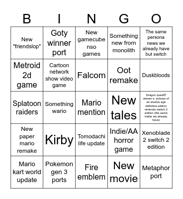 Nintendo direct Bingo Card