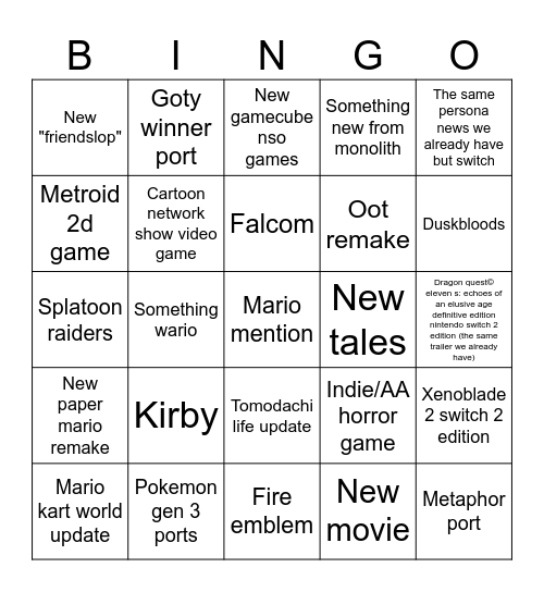 Nintendo direct Bingo Card