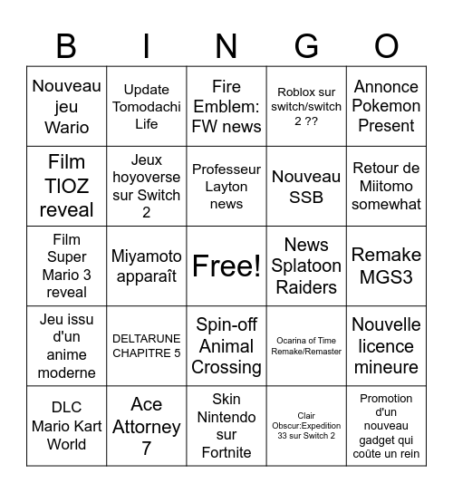 Nintendo Direct 09/06/2026 Bingo Card