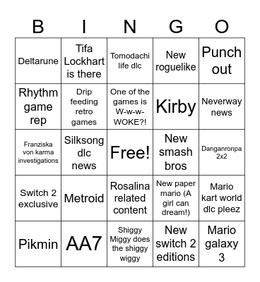 Nintendo direct Bingo Card