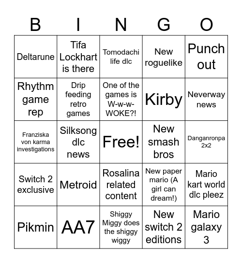 Nintendo direct Bingo Card