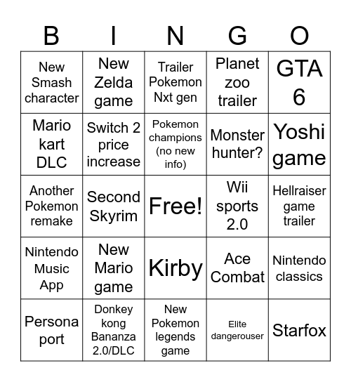 Nintendo Direct Bingo Card