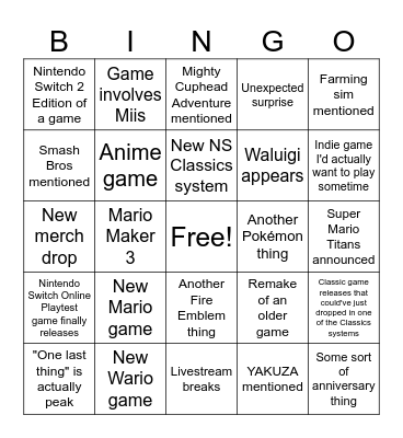 Nintendo Direct Bingo Card