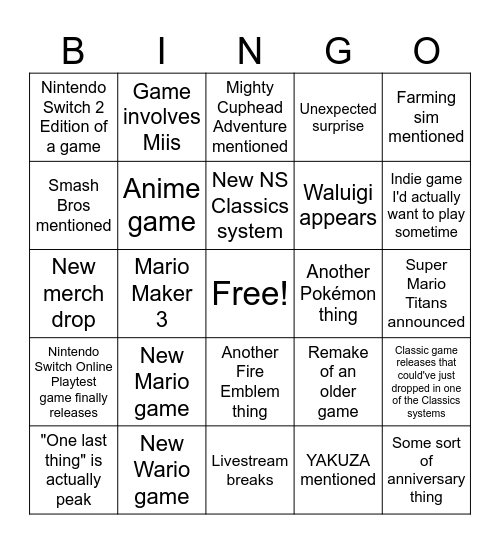 Nintendo Direct Bingo Card