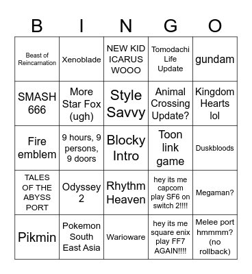 Nintendo Direct 09/06/2026 Bingo Card