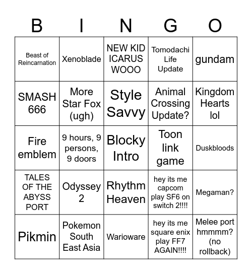 Nintendo Direct 09/06/2026 Bingo Card