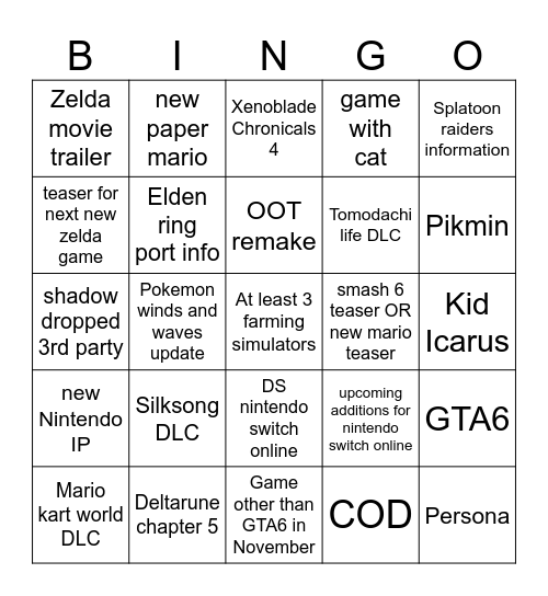 Nintendo Direct Bingo Card