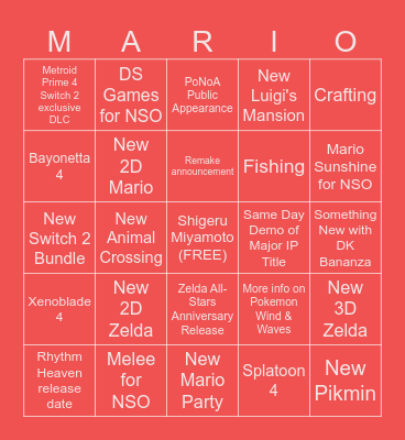 Nintendo Direct Bingo Card