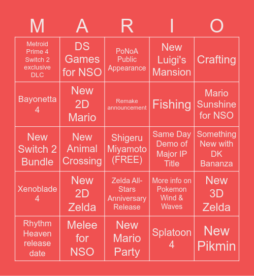 Nintendo Direct Bingo Card