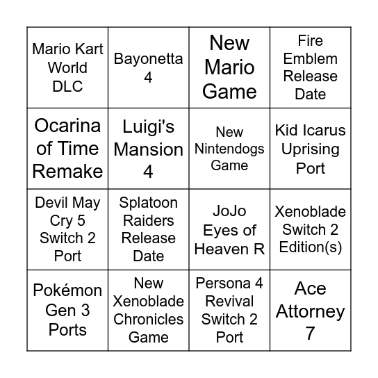 Nintendo Direct 9/6/26 Bingo Card