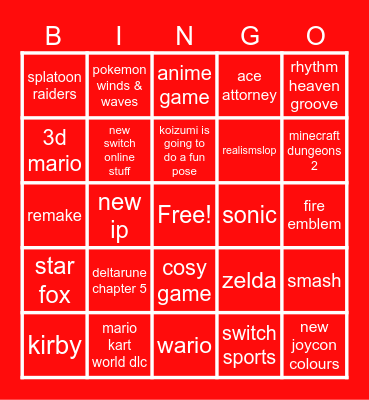 nintendo direct Bingo Card