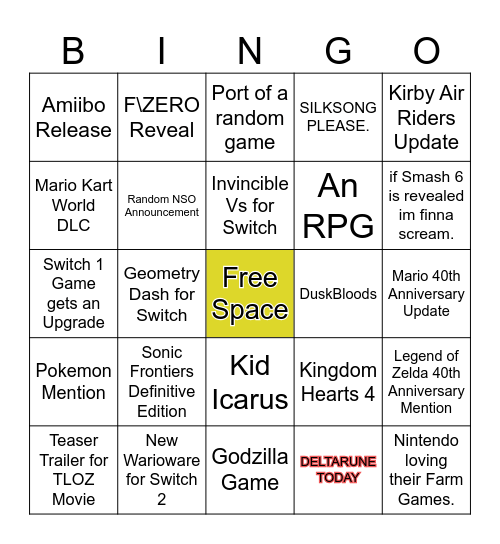 Nintendo Switch Direct 09 / 06 / 26 Bingo Card
